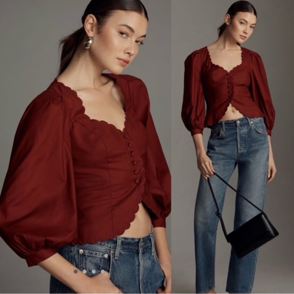 Reformation Size 8 Elianna Puff Shoulder Top in Chianti Button Front Enclosure - Picture 2 of 16